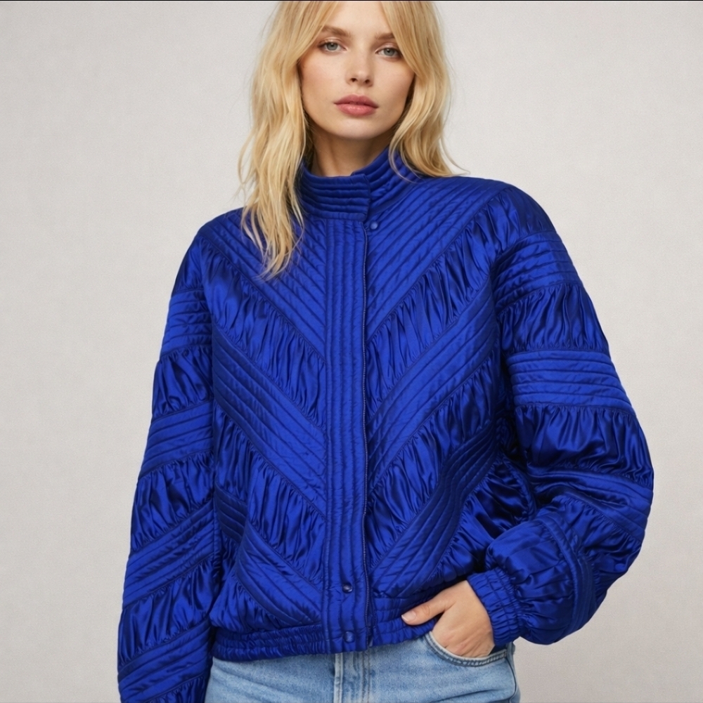 One of a Kind Bespoke Thai Silk Quilted Jacket Blue Sz 12 Jewel Tone Bomber